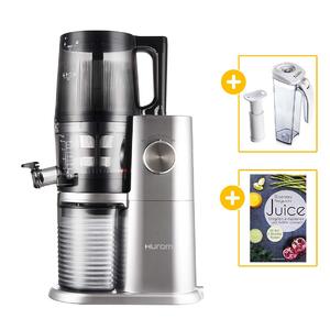 Hurom Slow Juicer H-AI (H34) platinum + Vakuum-Saftbehälter mit Pumpe + Buch Juice | EUJUICERS.DE